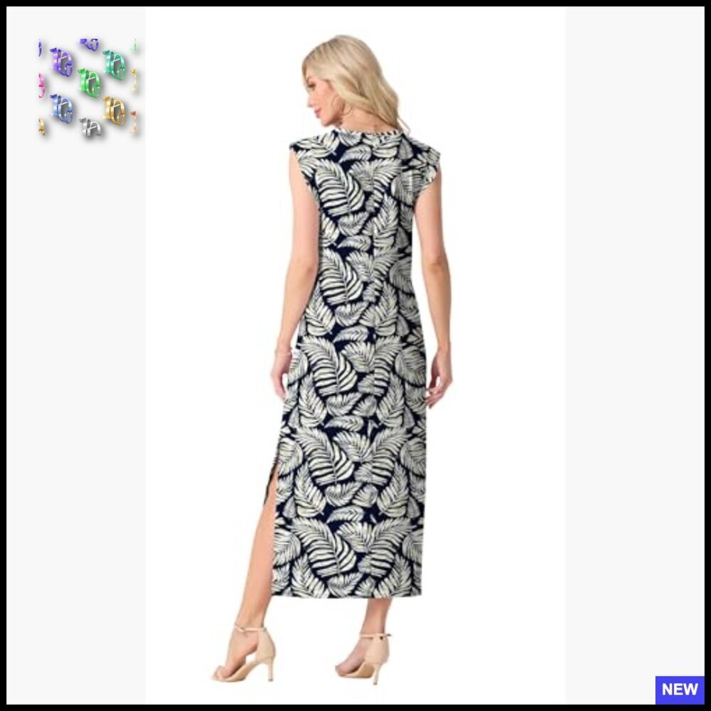 Summer Maxi Dress Casual Floral Round Neck Cap Sleeve with Pockets Boho Chic - Picture 5 of 5